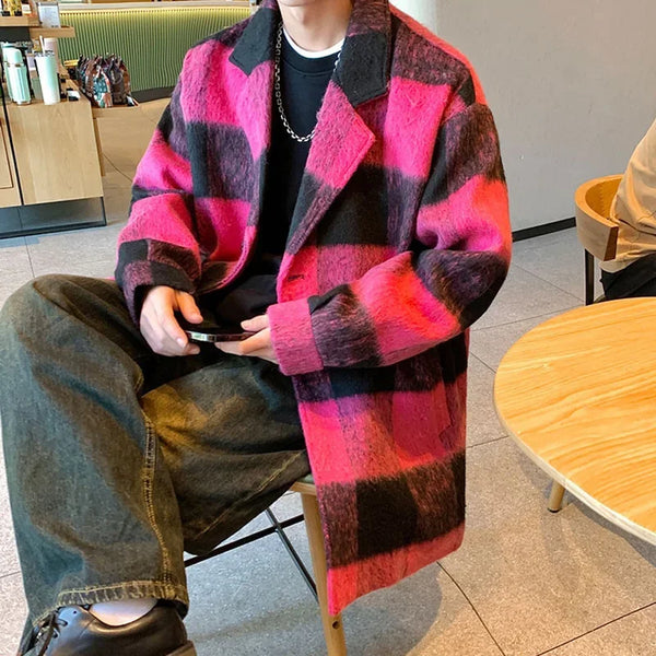 Plaid Woolen Trenchcoat Men Autumn Winter Fashion Retro Streetwear Suit Collar Loose Casual Trendy Trench Coat Outerwear