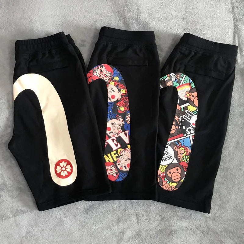 Harajuku Y2K Men's Gym Shorts Evisued Shorts Casual Japanese Fashion Brand M Printed Wide Leg Shorts Summer Men Clothing