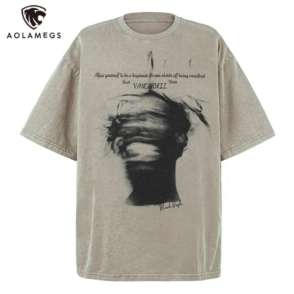 Sadcore Graphic tee – Men Retro High Street T Shirt Abstract Character Printed Sho