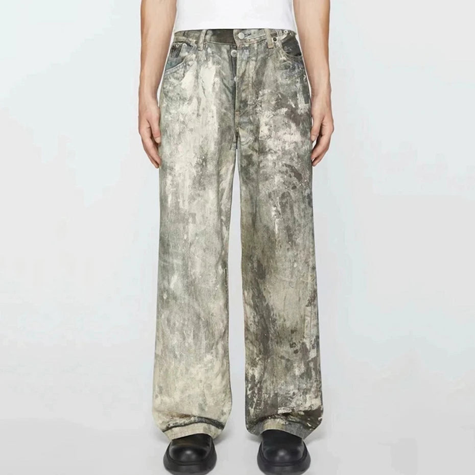 dirty tie dye baggy jeans mens streetwear hip hop loose denim pants y2k vintage jeans trousers luxury designer jeans ripped baggy denim