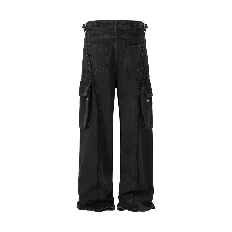 y2k streetwear tassel multi pocket jeans for men straight solid baggy cargo pants pantalones hombre casual denim trousers unique cargo style 754