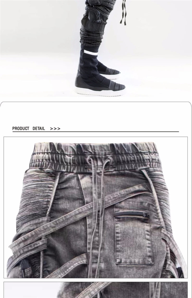vintage motorcycle trousers joggers mens asymmetric straped pleated cross pants function elastic waist trousers unique joggers style 4604