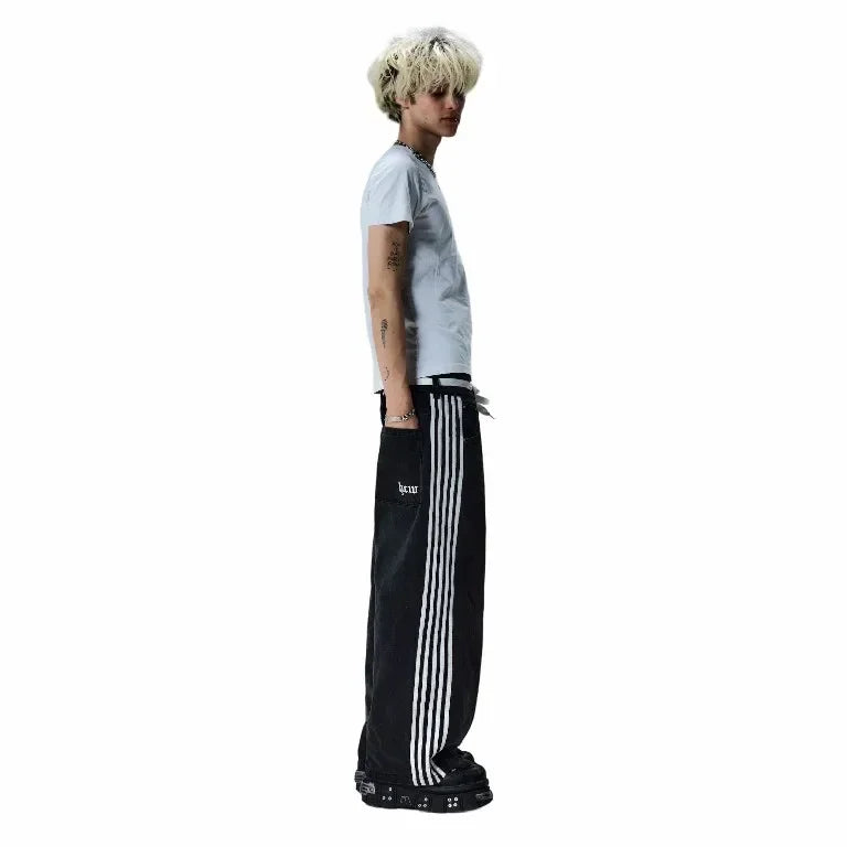 new hip hop baggy jeans harajuku goth y2k jeans for men black striped embroidered wide leg denim pants high street streetwear unique jeans style 296