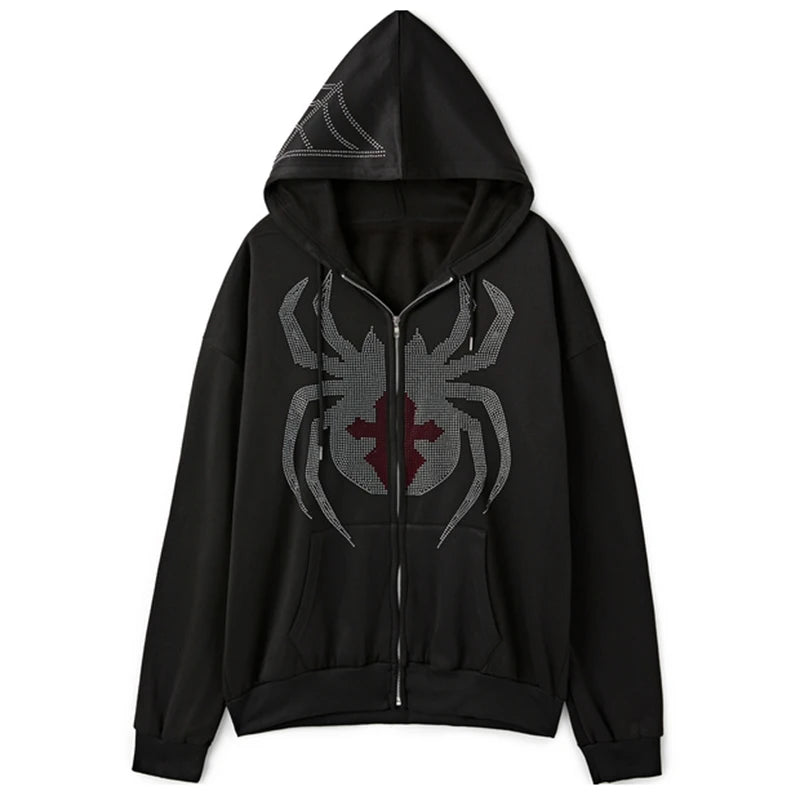 Dark Spider hot drilling Hoodie Pullover Sweatshirt Streetwear vintage Loose Hip Hop Punk