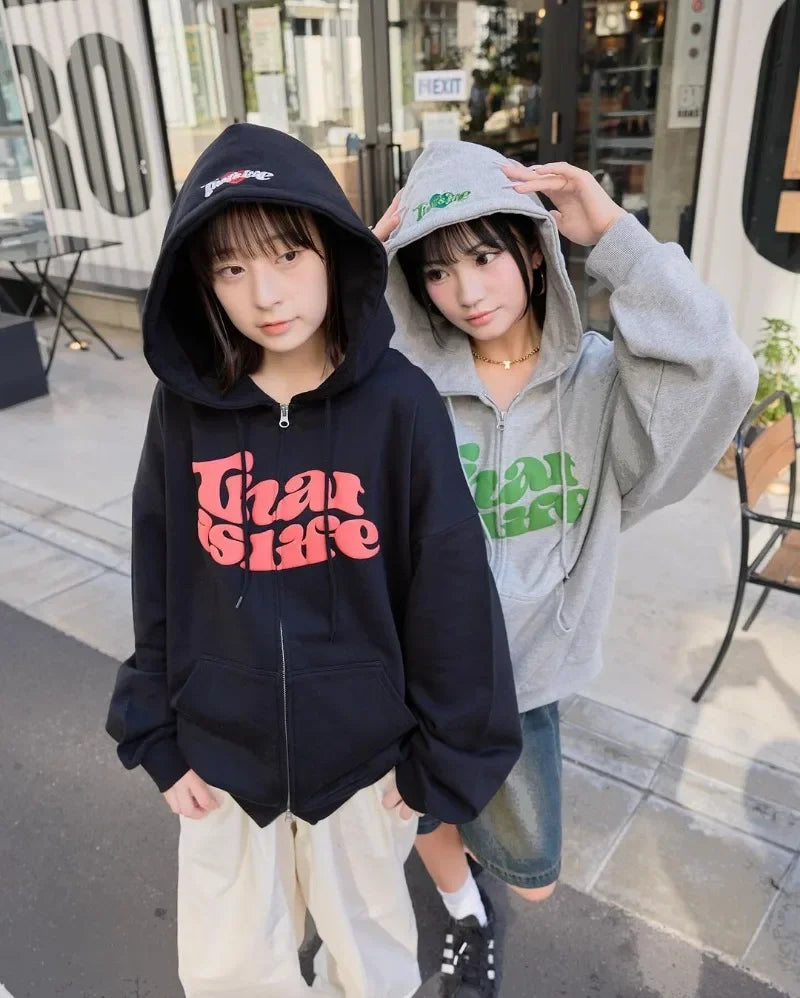 Trendy Brand Casual Loose Versatile Letter Printed Zipper Hoodie Women