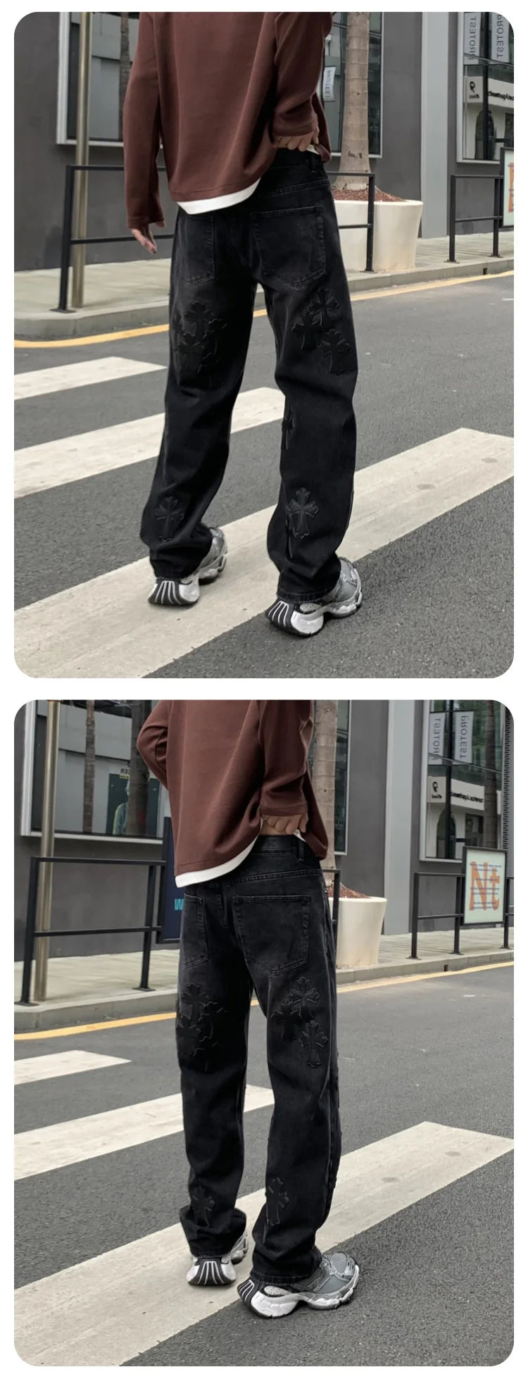 men embroidery streetwear brand fashion hip hop loose casual straight motorcycle denim jeans pant cityboy y2k jeans trousers unique jeans style 2489