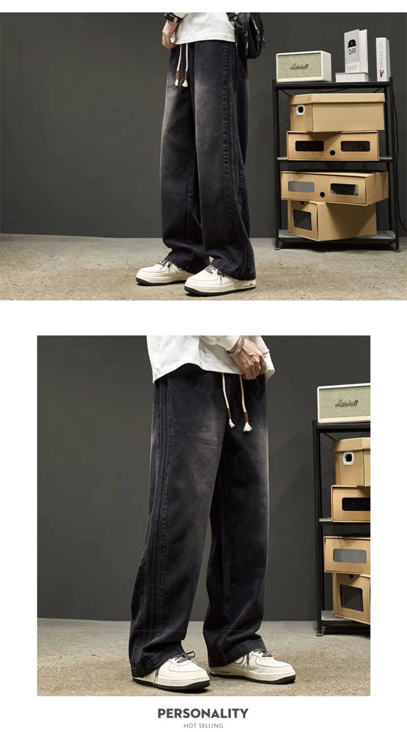 elastic waist baggy jeans for men side striped wide leg denim pants korean fashion casual trousers y2k vintage jean hombre unique jeans style 3249