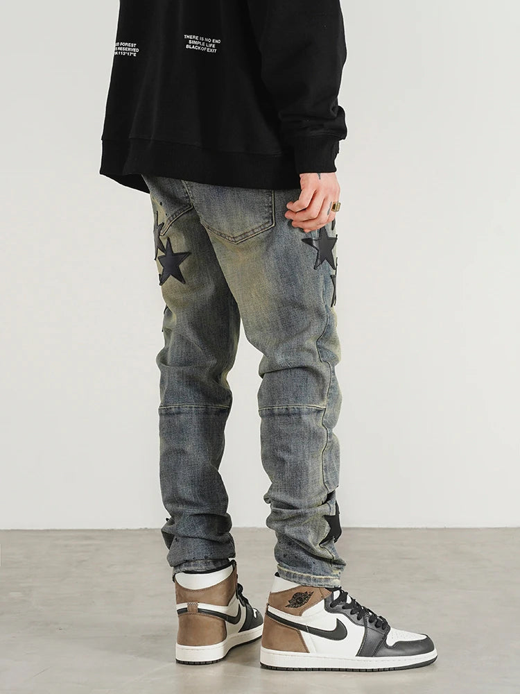 star appliques denim jeans skinny trousers slim fit men new casual biker jeans fashion streetwear hip hop trousers pants joggers urban active pants