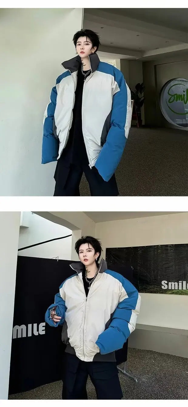 Retro Stand Collar Winter Jacket Men Zip Up Patchwork Cotton-padded Lightweight Parkas Spring Unisex Loose Autumn Short Outwear
