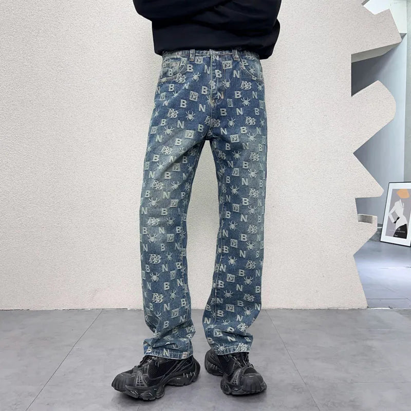 men jacquard streetwear hip hop vibe casual straight denim jeans pants boyfriend high street ripped jeans trousers unique jeans style 3126