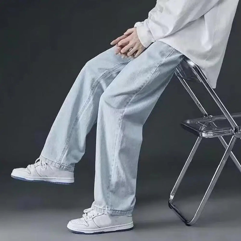 korean mens casual long jeans loose retro straight baggy pants denim wide leg pants light blue grey black retro washed jeans unique jeans style 1262