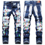 fashion distressed white washed denim jean pants colorful graffiti printed casual biker hip hop jeans slim joggers mens jeans unique joggers style 4573