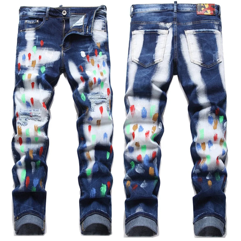 fashion distressed white washed denim jean pants colorful graffiti printed casual biker hip hop jeans slim joggers mens jeans unique joggers style 4573