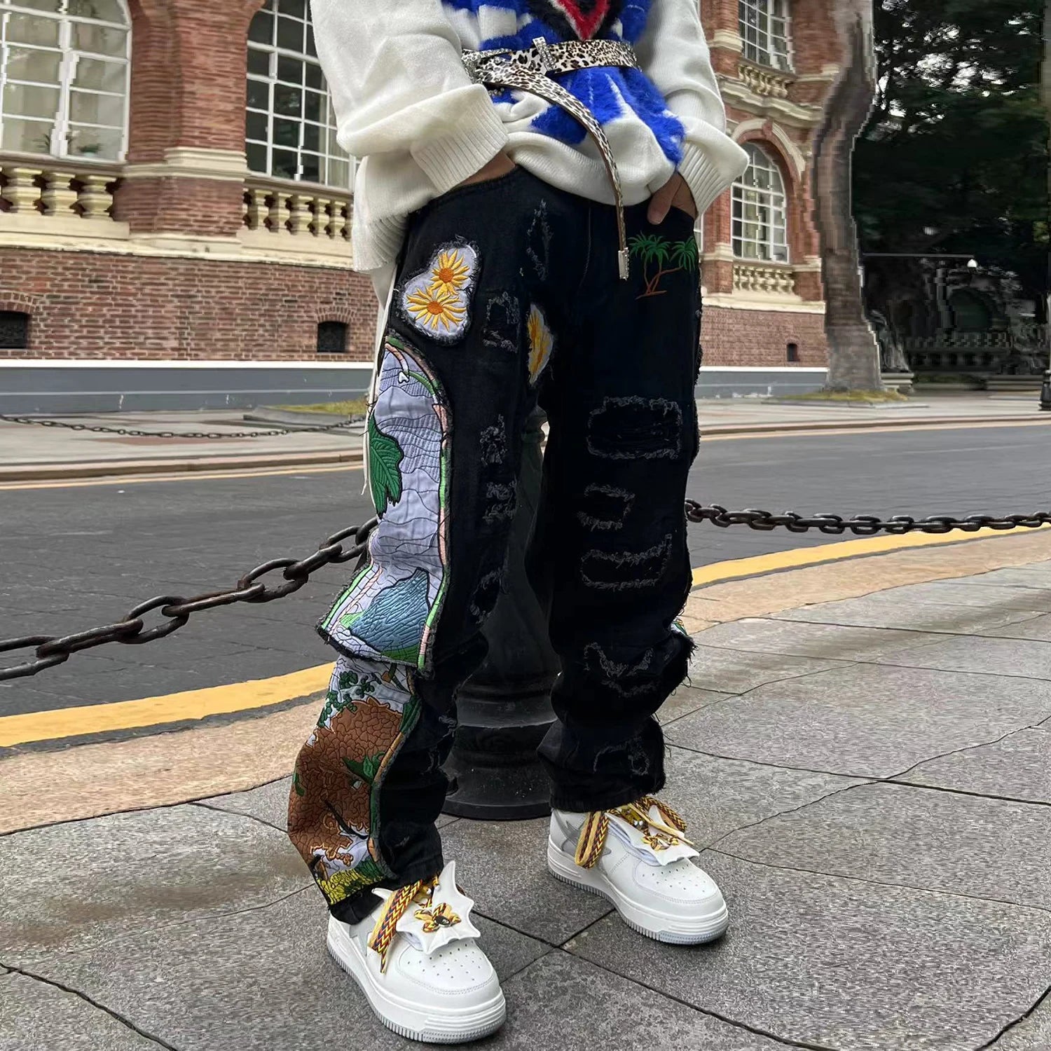 harajuku fashion embroidered patches straight denim pants hip hop washed torn jeans black blue patchwork y2k jeans baggy men ripped baggy denim
