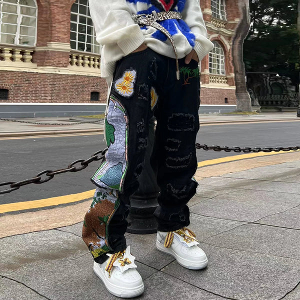 harajuku fashion embroidered patches straight denim pants hip hop washed torn jeans black blue patchwork y2k jeans baggy men ripped baggy denim