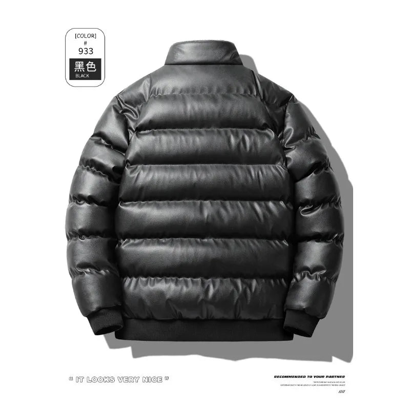 Winter new men's cotton thickened jacket slim stand-up collar splicing PU leather large pocket cotton-padded coat men