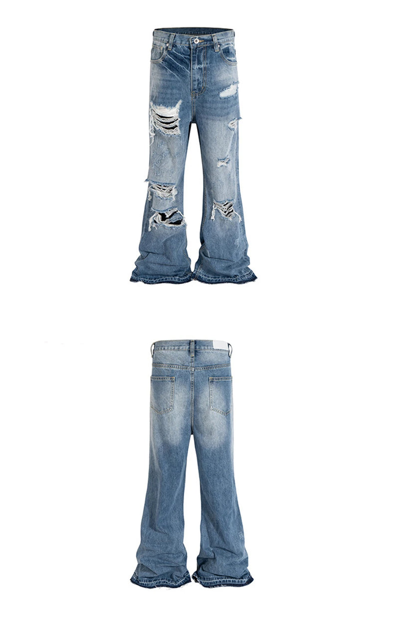 vintage ripped flared jeans blue straight baggy jeans trousers streetwear luxury loose casual distressed denim pants male unique jeans style 591