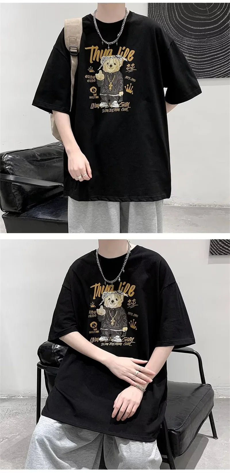 Harajuku Angelcore design – Funny Middle Finger Bear Graphic Short Sleeve Tee Shirts Men