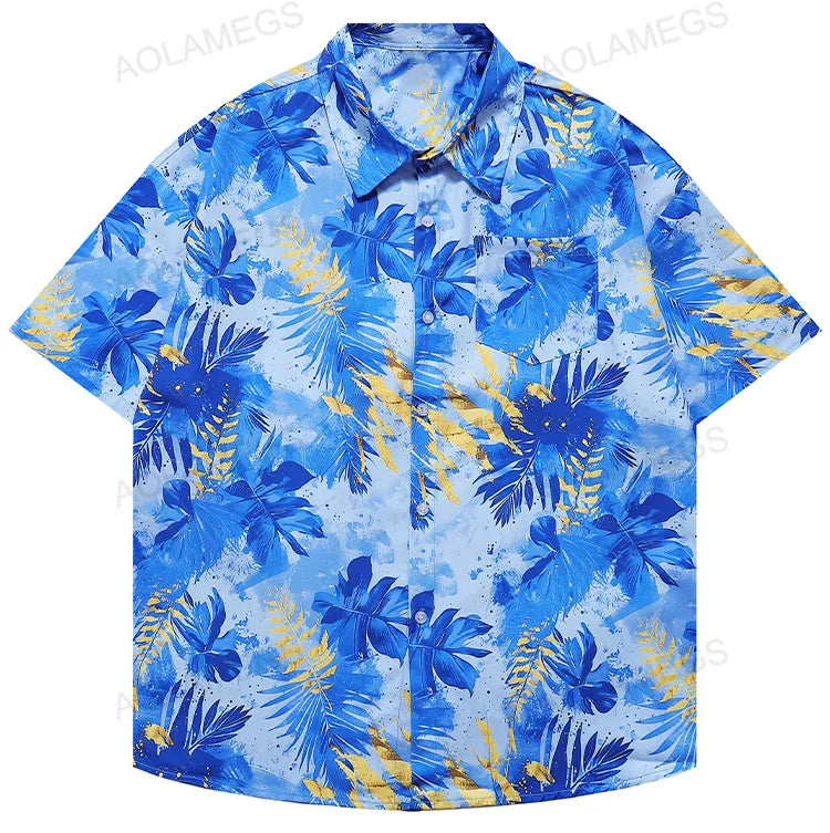 Men Shirts Hawaiian Vacation Loose Shirts Summer Refreshing Turn Down Collar Leaf Print Half Sleeve Shirt Versatile Daily Tops