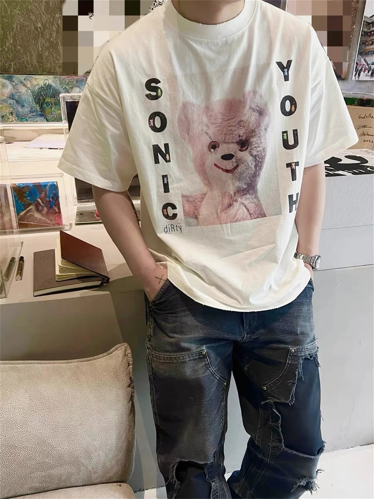 sadcore graphic tee featuring vintage summer pink rock bear cartoon distressed cotton casual t shirt tops