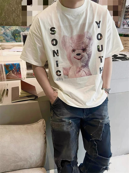 sadcore graphic tee featuring vintage summer pink rock bear cartoon distressed cotton casual t shirt tops