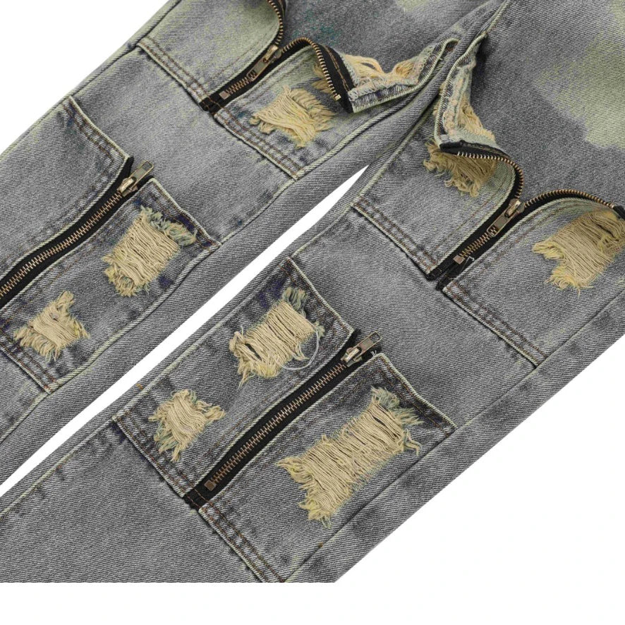 high street zipper open decoration biker jeans women ripped denim straight jean pant men motorcycle trouser unisex hip hop pants unique jeans style 3664