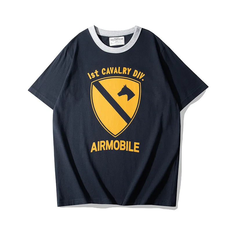 Summer Short Sleeved Men'S Military Retro Cavalry Division Letter Printing Casual Cotton Breathable Color Matching Round Neck