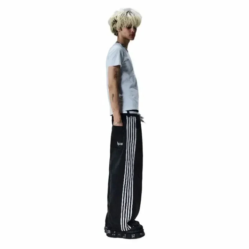 gothic embroidered wide leg denim pants high street streetwear harajuku retro hip hop mens jeans y2k black striped baggy jeans unique jeans style 2604
