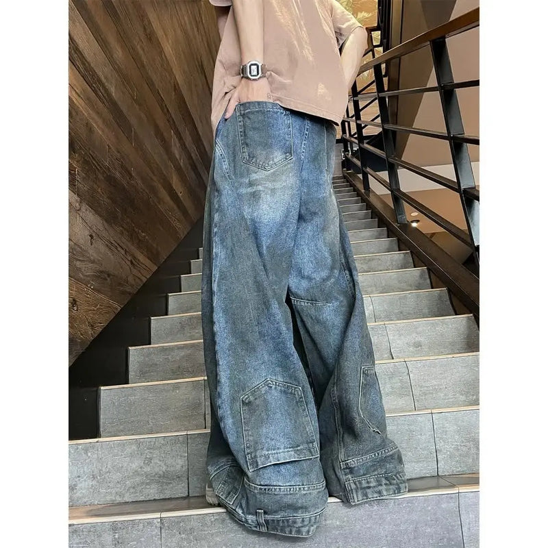 american style dirty and torn hole design straight leg wide leg jeans for men and women high street loose street casual pants unique jeans style 665