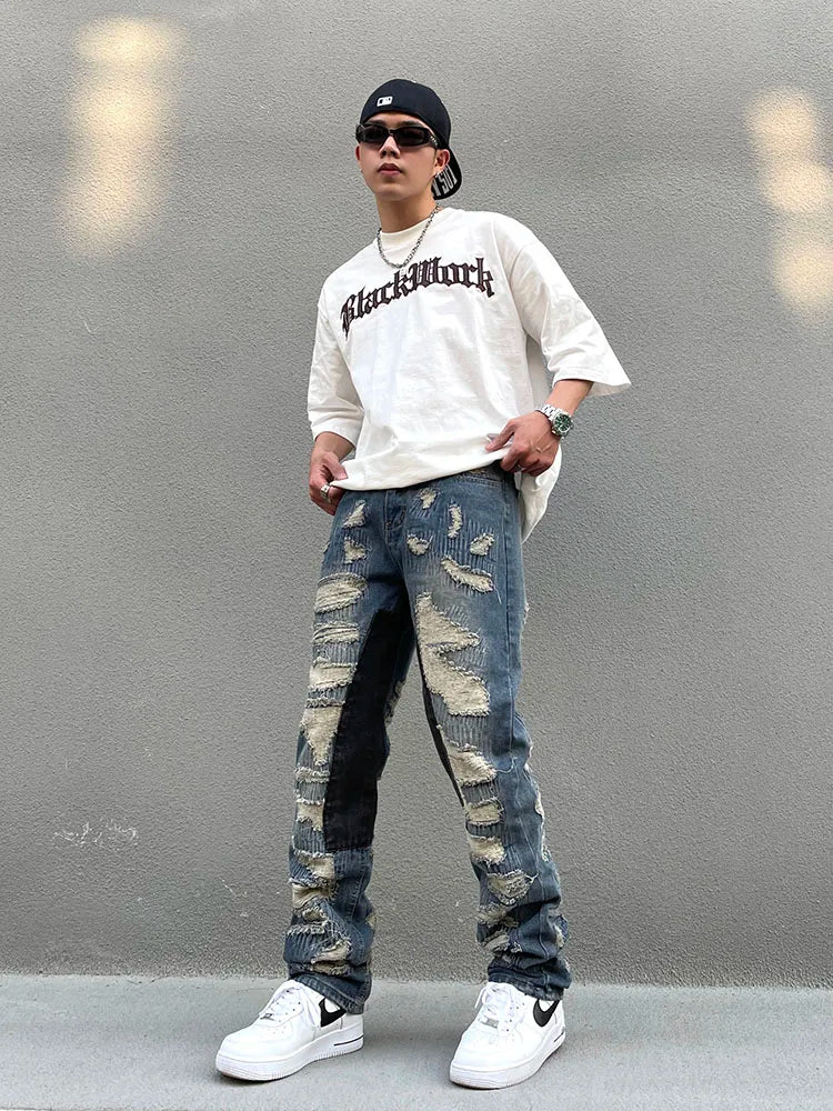 destroy ripped scratched patchwork denim jeans mens casual straight biker zipper trousers streetwear hip hop jean pants joggers unique joggers style 3908