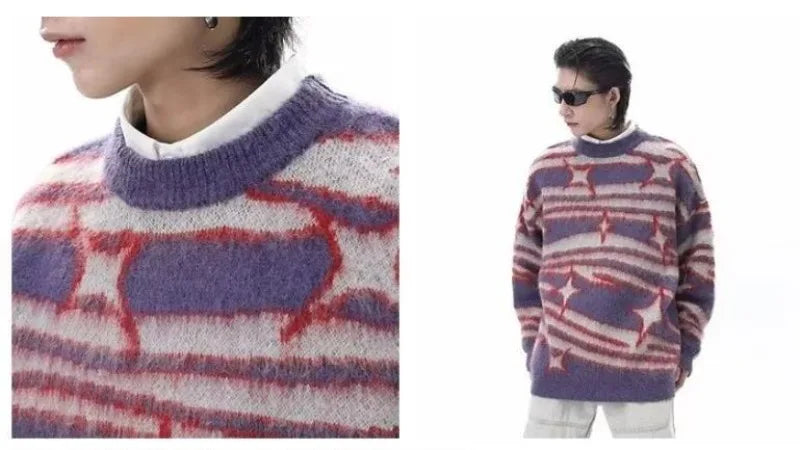 japanese hip hop sweater set men contrast zebra pattern round neck knit top splicing distressed loose jeans 2 pcs harajuku suit unique jeans style 4528