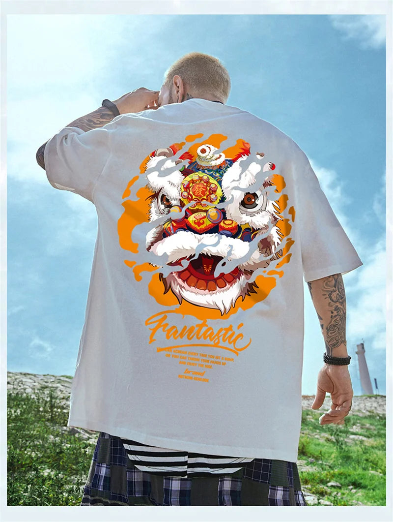 Gothic Barcode glitch – Funny Dancing Lion Print Man T Shirt Cotton Crewneck