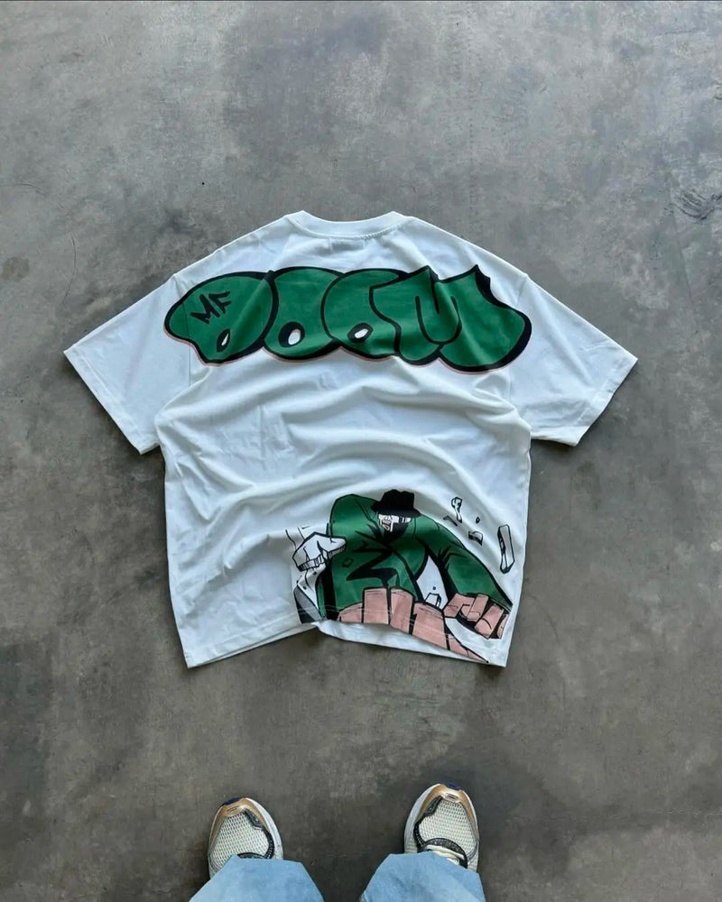 Skatercore Icon Tee – Bold Sticker Font Flame Urban Graphic