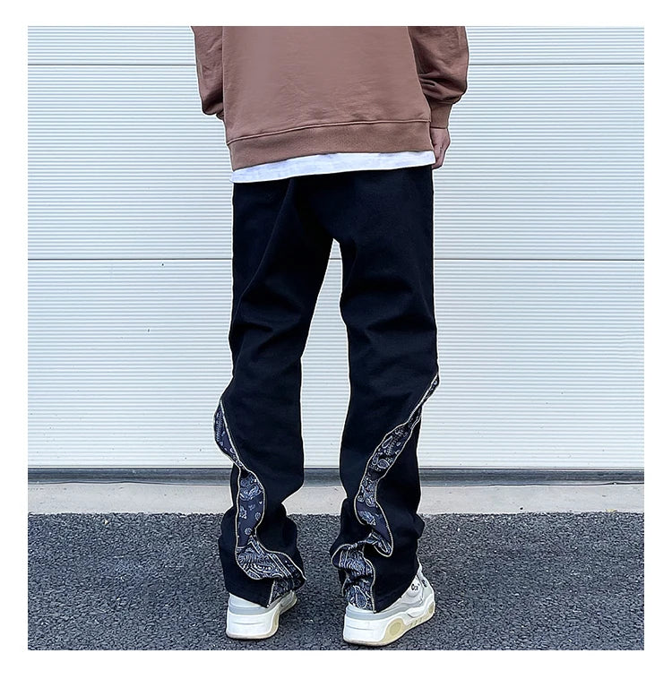 high street black white straight zipper becomes slightly flared denim jeans harajuku casual hip hop cashew flower jeans for men unique jeans style 4415