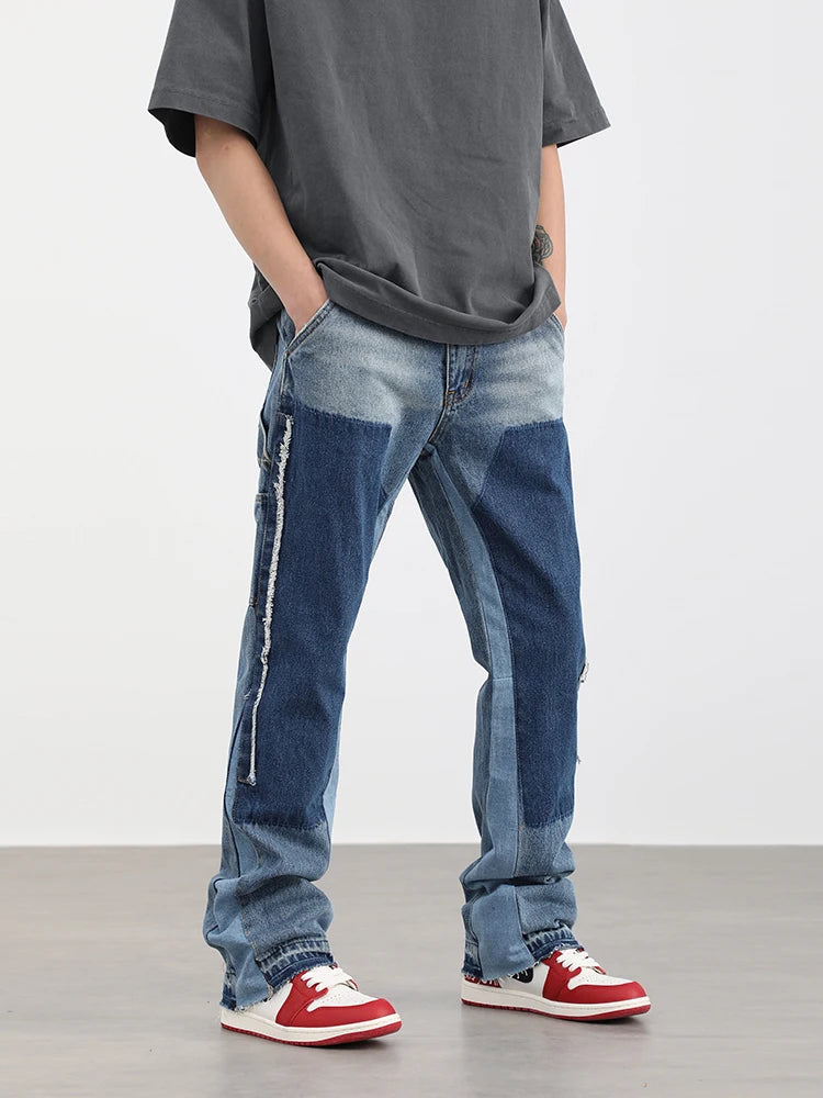 high street fashion contrast straight tube micro flared jean horn pant washing mens tassel vintage patchwork wide denim jeans unique jeans style 4993