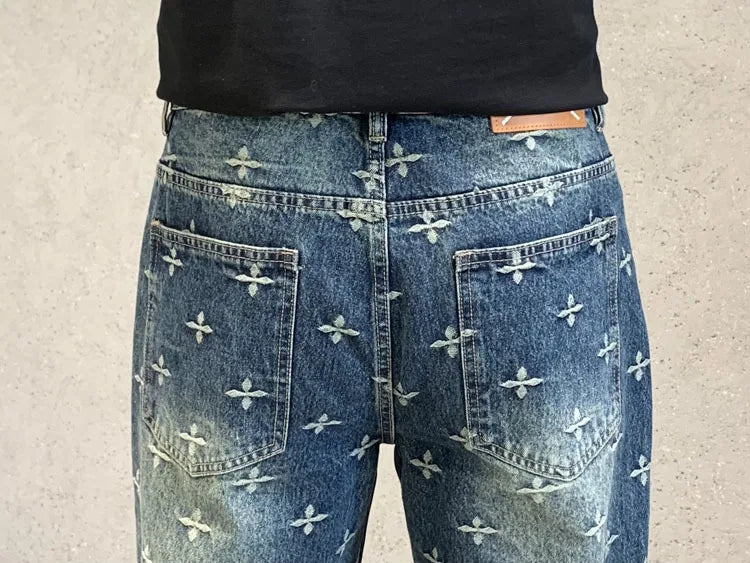 autumn winter new trendy brand jacquard jeans men high street hiphop casual fashion loose denim jeans pants boyfriend trousers unique jeans style 2954