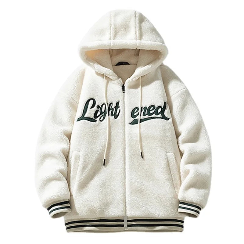 Men Fleece Jackets and Coats Casual Letter Embroidery Hairy Zipper Hooded Outerwear Warm Streetwear Parkas Loose Bomber Jacke - variant style de5bfb for streetwear fashion