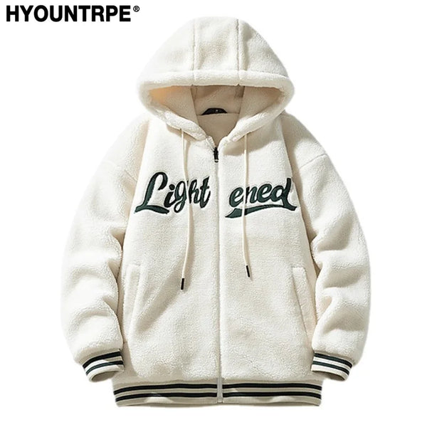 Men Fleece Jackets and Coats Casual Letter Embroidery Hairy Zipper Hooded Outerwear Warm Streetwear Parkas Loose Bomber Jacke - variant style de5bfb for streetwear fashion