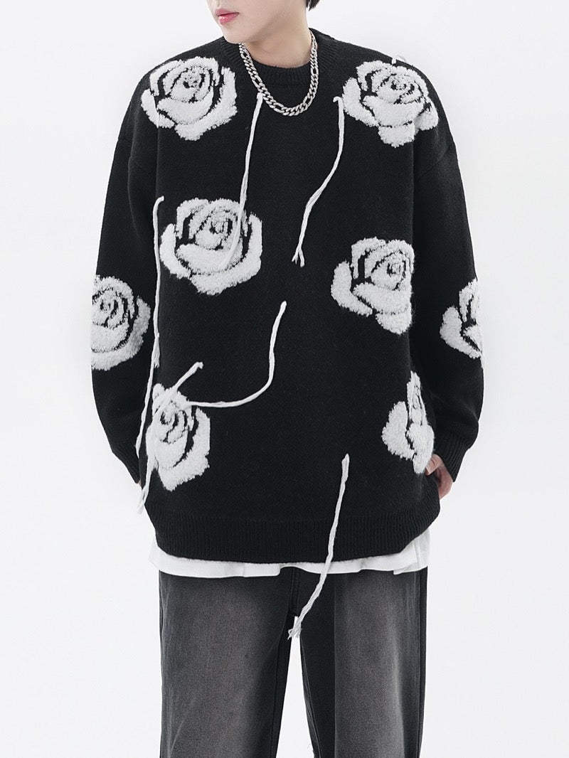 fashion floral pattern knitted sweater men new casual o neck pollover unisex harajuku y2k streetwear loose knit sweaters jumpers - graphic printed hoodie for men and women, Y2K grunge street style, trendy hip hop fashion hoodie