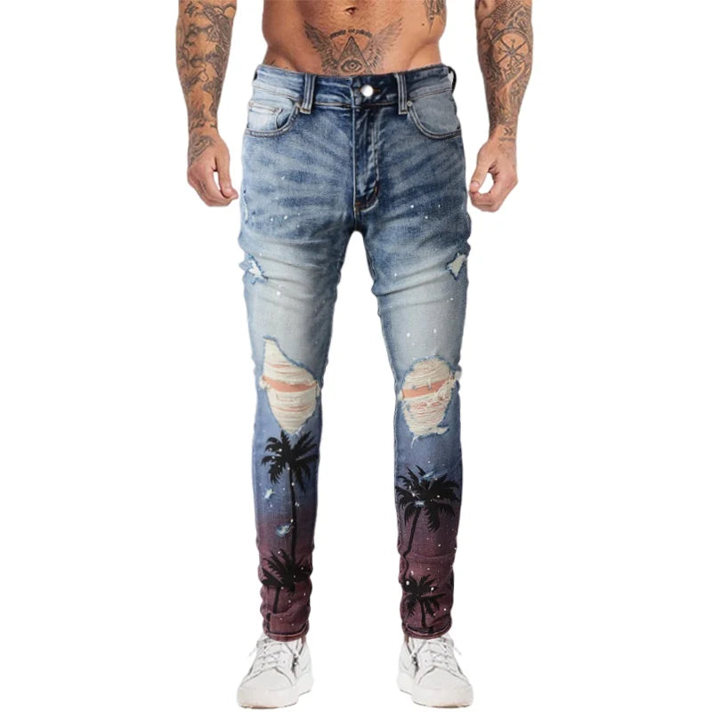 high street printed ripped holes denim jeans mens casual slim fit biker zipper trousers streetwear hip hop jean pants joggers casual joggers