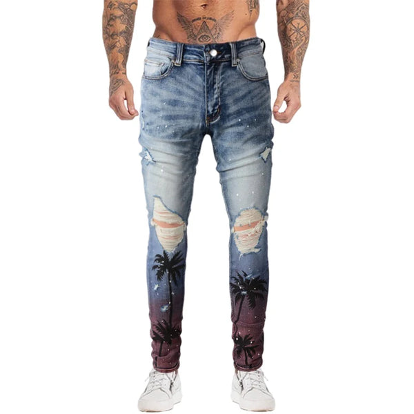 high street printed ripped holes denim jeans mens casual slim fit biker zipper trousers streetwear hip hop jean pants joggers casual joggers