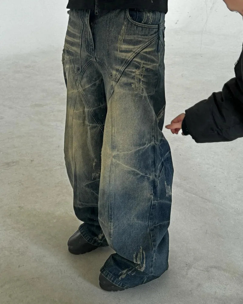 y2k jeans retro distressed high waisted baggy jeans punk hip hop men women wide leg straight denim pants slouchy streetwear unique jeans style 849