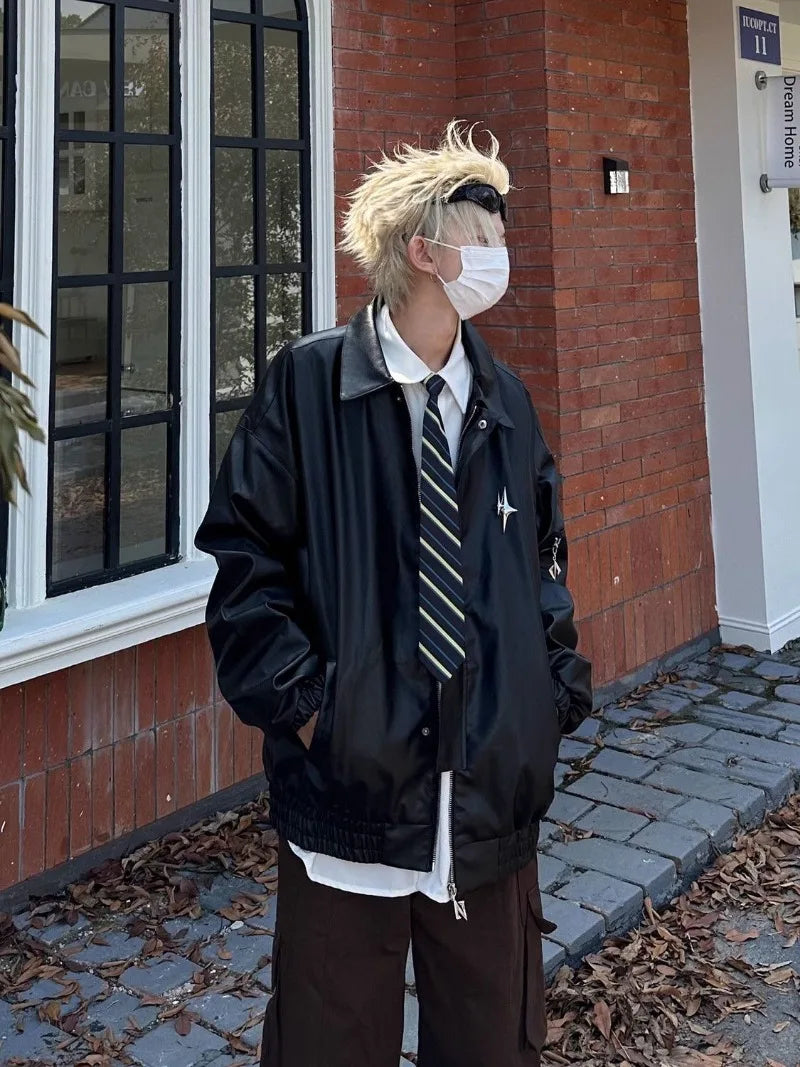 panel varsity outerwear, 2025 trend, for men, fall streetwear outfit, oversized style, layered fashion, modern aesthetic, graphic detail