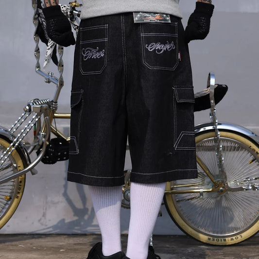 hip hop summer embroidery floral baggy over knee jeans shorts mens vintage wide leg pockets oversized denim five point pants stacked flare jeans