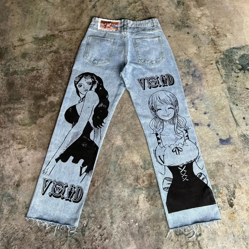 harajuku popular anime kokushibo print baggy jeans new style wide leg trouser y2k streetwear for men women high waist pants unique jeans style 4292