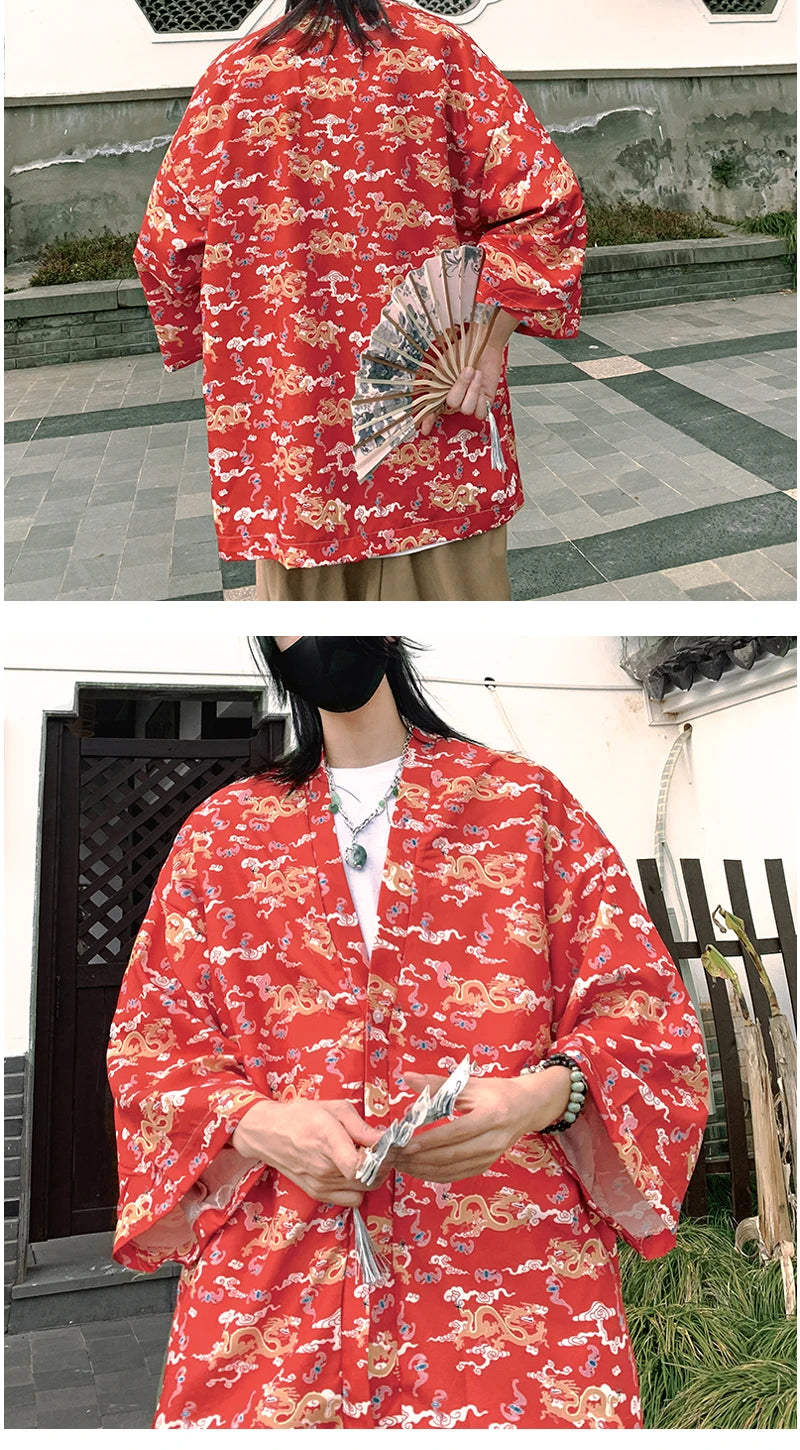 Japanese Style Men's Lightweight Kimono Jacket Dragon Print Kimono Cardigan New Arrival Street Shirt Harajuku Kimono Couple Tops