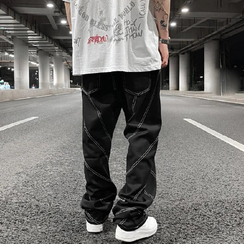 fashion design lines denim jeans mens zipper loose straight trousers hip hop new casual streetwear pants joggers baggy jeans casual joggers