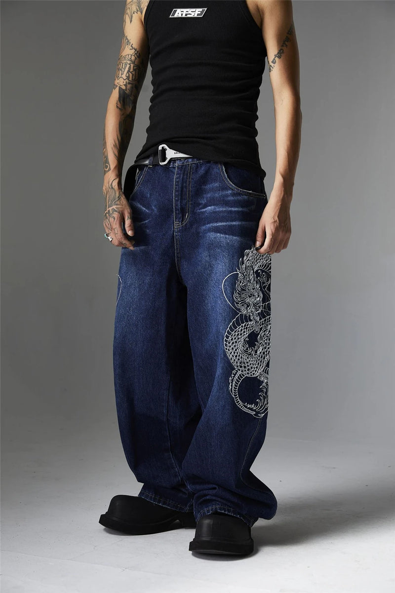 mens black baggy jeans dragon embroidered straight jeans streetwear hip hop loose trousers male luxury designer denim pants unique jeans style 1993