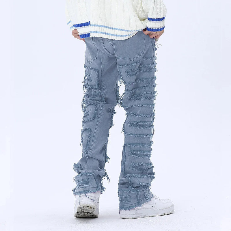 tassel hole spliced european and american straight leg denim pants new popular patch jeans mens wear unique jeans style 190