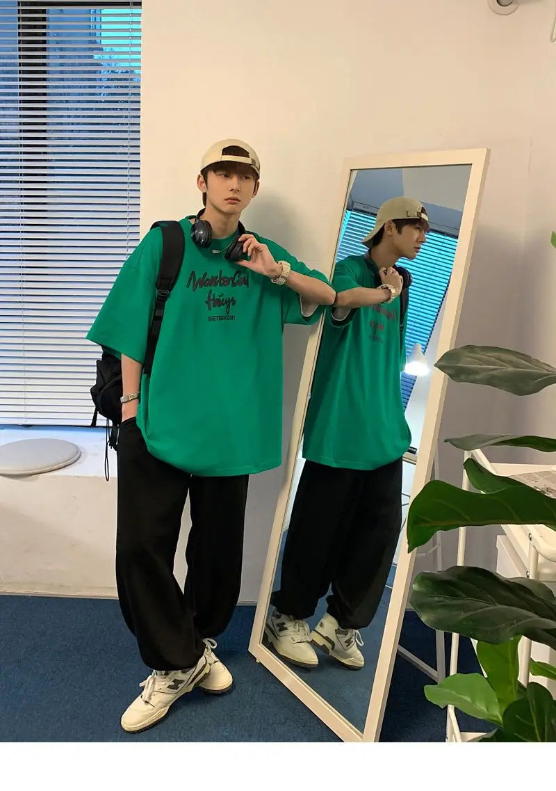 Korean style new Hong Kong style trendy letter printed short-sleeved trend loose and versatile casual couple half-sleeved top